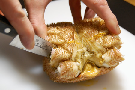 足の関節に包丁を入れます